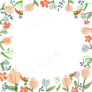 春夏水彩郁金香蜂鸟花束清新方形