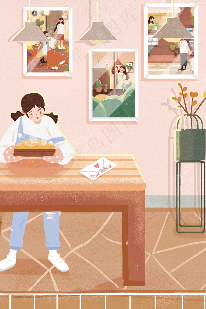 母亲节感恩家庭母女温馨手绘风格插画