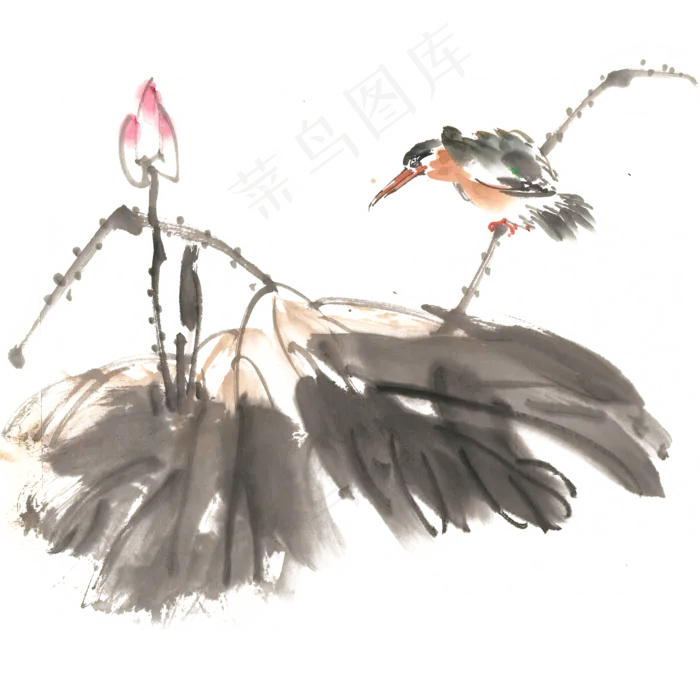 翠鸟与荷水墨画PNG免抠素材(4724X4724(DPI:300))psd模版下载