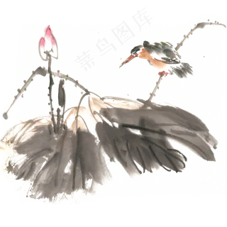 翠鸟与荷水墨画PNG免抠素材