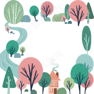 粉色装饰森林树林装饰边框植物P