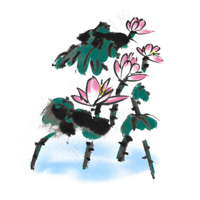 夏天荷花开水墨手绘插画
