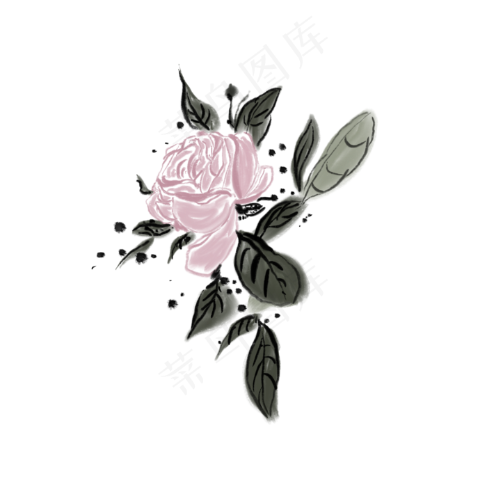 水墨玫瑰写意花鸟绘画,免抠元素