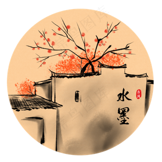 中国风水墨风景徽派建筑,免抠元素