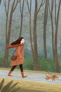 立冬节气女孩子带着宠物出门散步场景