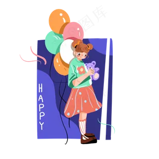 儿童节准备放飞气球的小女孩手绘