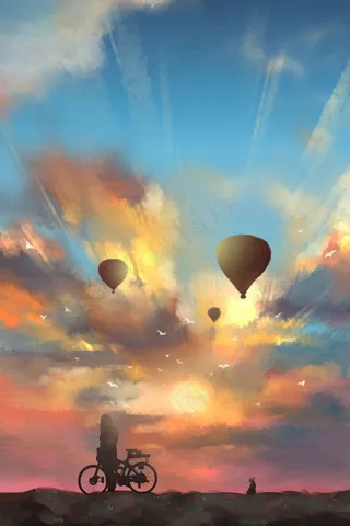 夏日黄昏下的猫与单车少女