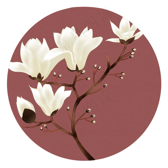 玉兰花复古淡雅底纹中国风花卉装,免抠元素