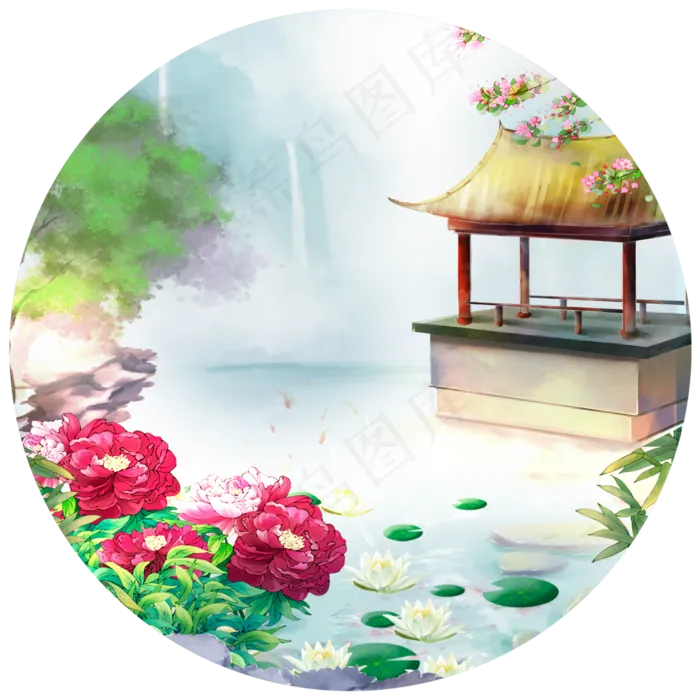 牡丹亭子山水风景(3000X3000(DPI:300))psd模版下载