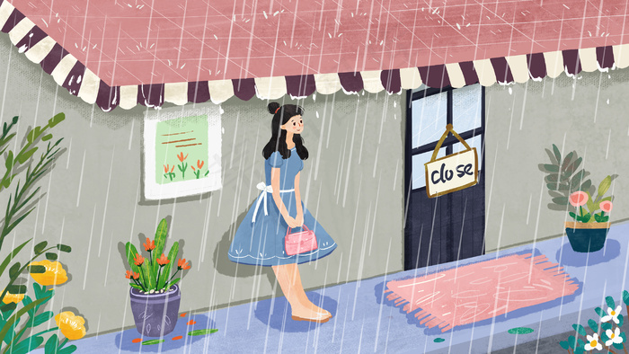 女孩下雨天在花店门口躲雨(2880X1620(DPI:300))psd模版下载