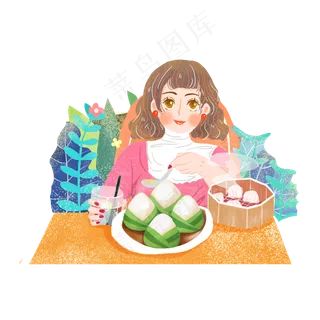 端午吃粽子女孩png素材