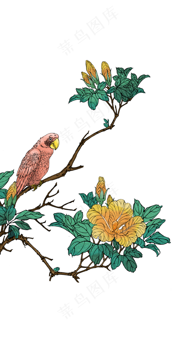 工艺工笔画植物和小鸟,免抠元素(2080X4000(DPI:300))psd模版下载