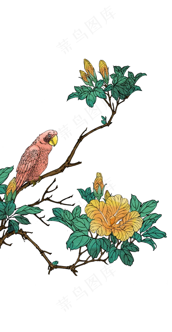 工艺工笔画植物和小鸟,免抠元素(2080X4000(DPI:300))psd模版下载