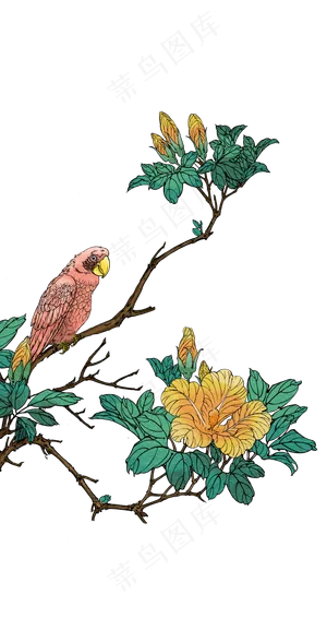 工艺工笔画植物和小鸟,免抠元素 工艺工笔画植物和小鸟,免抠元素