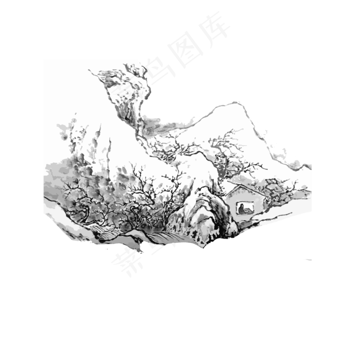 水墨山水国画线条雪景黑白PNG,免抠元素