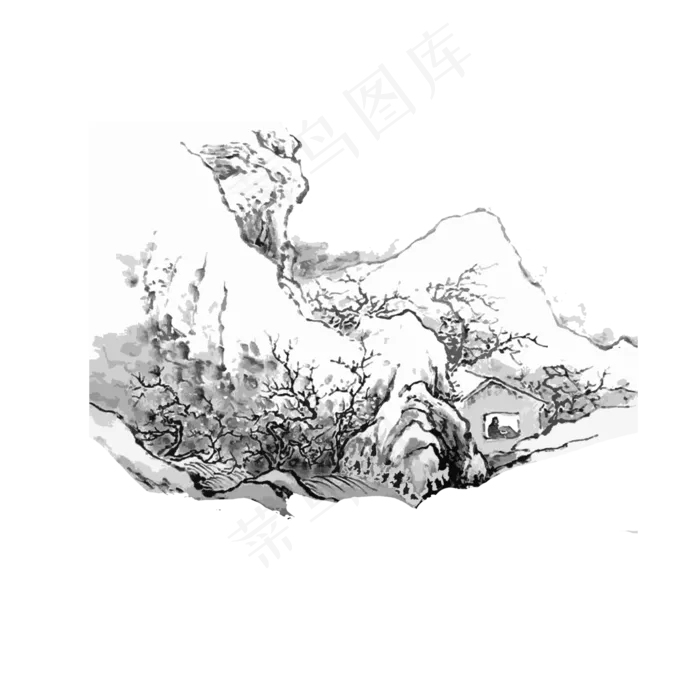 水墨山水国画线条雪景黑白PNG,免抠元素