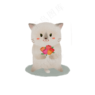 节日手捧鲜花送花手绘猫咪
