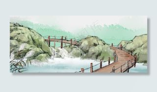 细水涓流中式风格风景画水墨画PNG,免抠元素