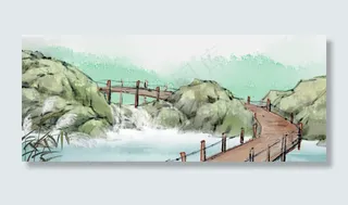 细水涓流中式风格风景画水墨画PNG,免抠元素