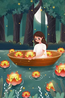 中元节女孩船上放花灯