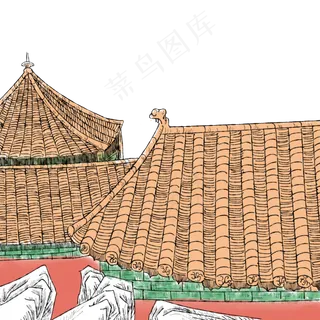 国画古建筑装饰画,免抠元素 国画古建筑装饰画,免抠元素