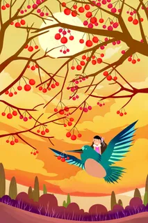 黄色系卡通手绘风立秋秋天蜂鸟女孩配图