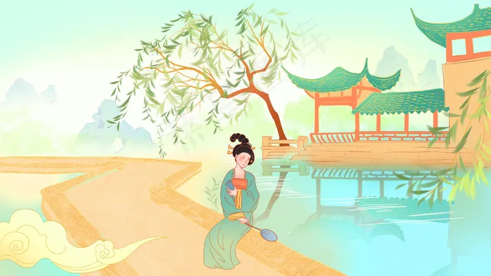 春天古装女子河边(2880*1620px 300 dpi )psd模版下载