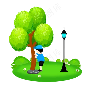 手绘卡通男孩树木路灯