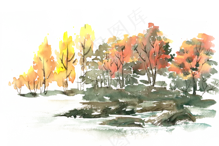 秋天的树林水彩画PNG免抠素材(6000X3999(DPI:300))psd模版下载