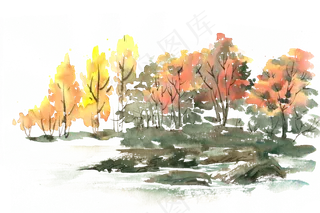 秋天的树林水彩画PNG免抠素材