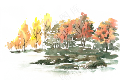 秋天的树林水彩画PNG免抠素材 秋天的树林水彩画PNG免抠素材