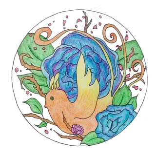 美丽花丛中的凤凰鸟动物彩铅手绘