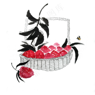 妃子笑荔枝水墨国画鲜果果篮PNG