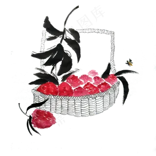 妃子笑荔枝水墨国画鲜果果篮PNG