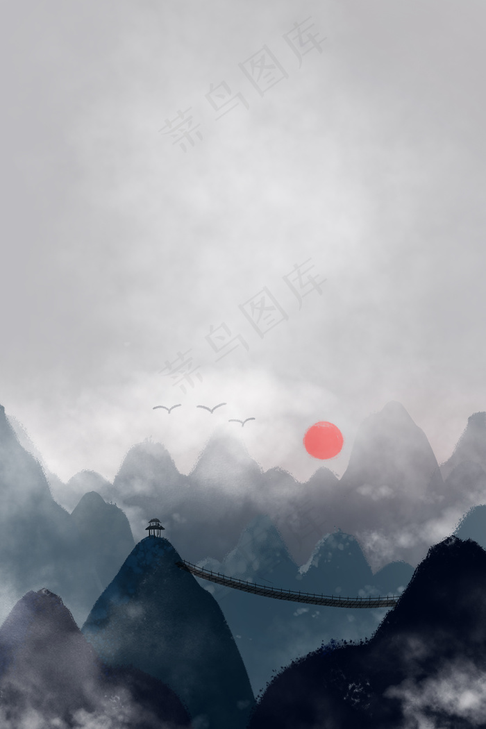 中国风手绘水墨风景(3545*5315px 300 dpi )psd模版下载