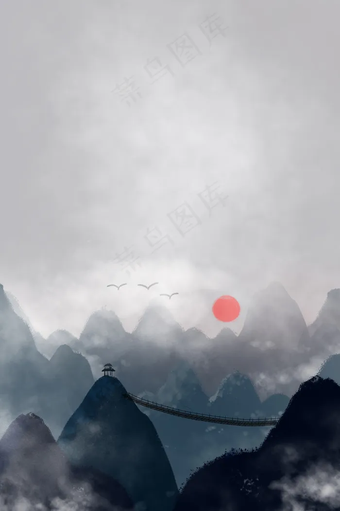 中国风手绘水墨风景(3545*5315px 300 dpi )psd模版下载