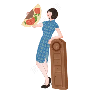 复古美女格子格纹旗袍学生,免抠元素