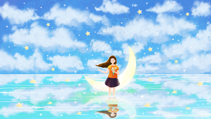 天空船月亮星星唯美治愈系风景