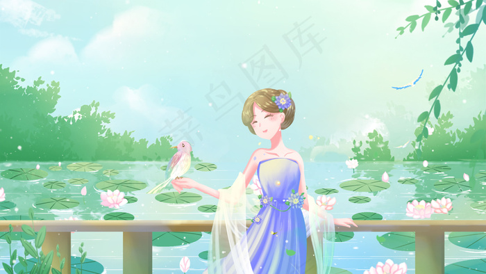 绿色唯美卡通小清新夏季夏日池塘边风景配图