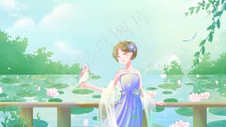 绿色唯美卡通小清新夏季夏日池塘边风景配图