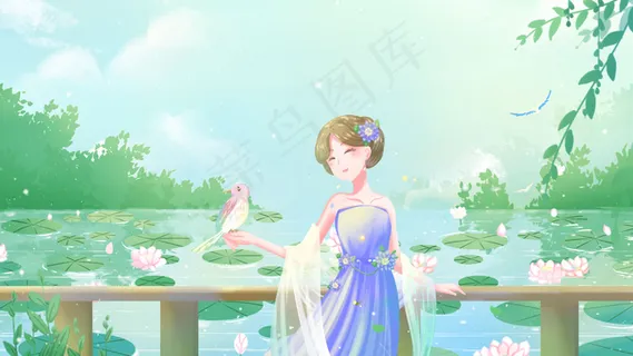 绿色唯美卡通小清新夏季夏日池塘边风景配图 绿色唯美卡通小清新夏季夏日池塘边风景配图