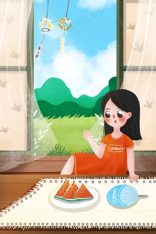 大暑节气女孩室内吃西瓜