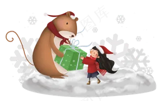 圣诞节送礼物的女孩和土拨鼠,免抠元素