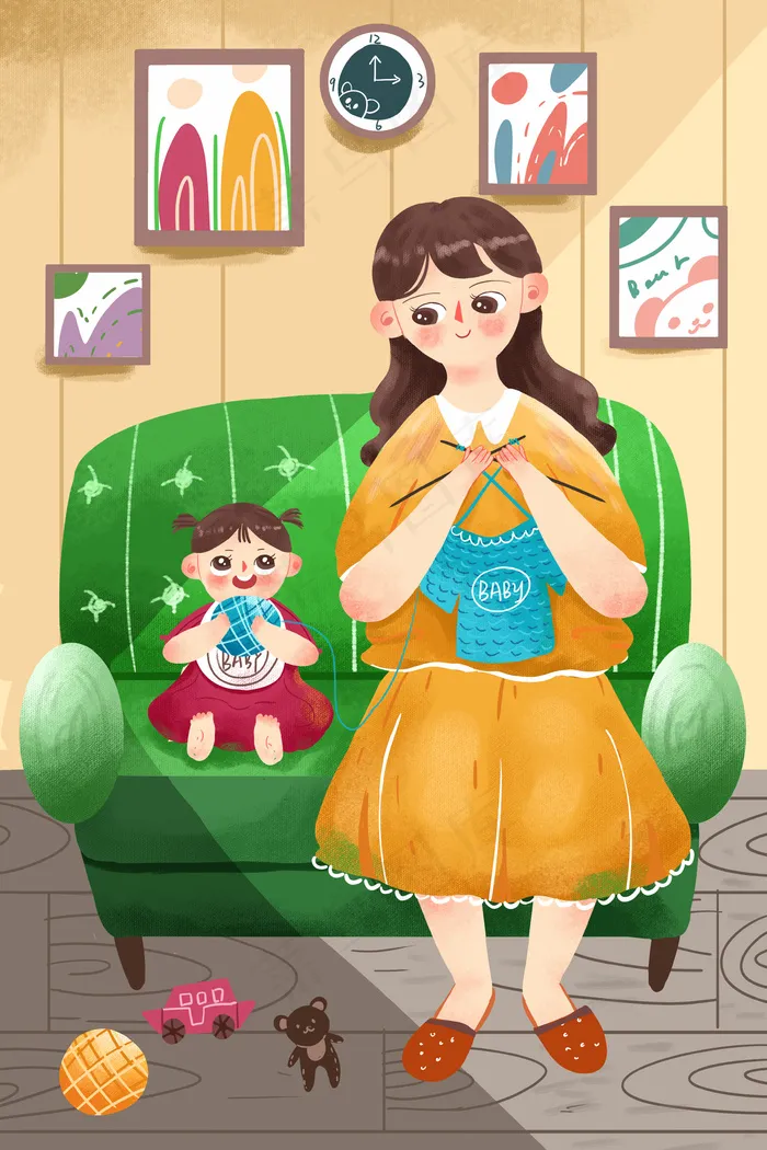 黄色系卡通可爱母亲节妈妈给孩子织毛衣配图(3545X5315(DPI:300))psd模版下载