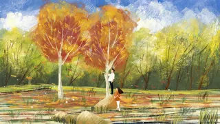 秋天油画风景抬头仰望