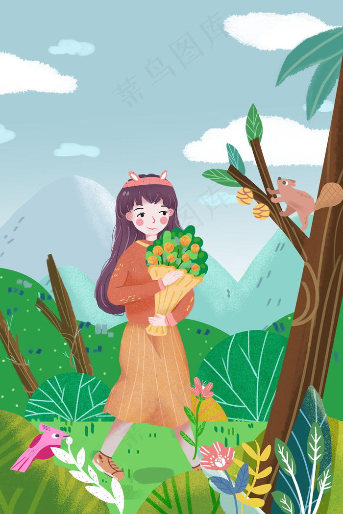 春天绿色生气勃勃少女户外踏青森林卡通插画