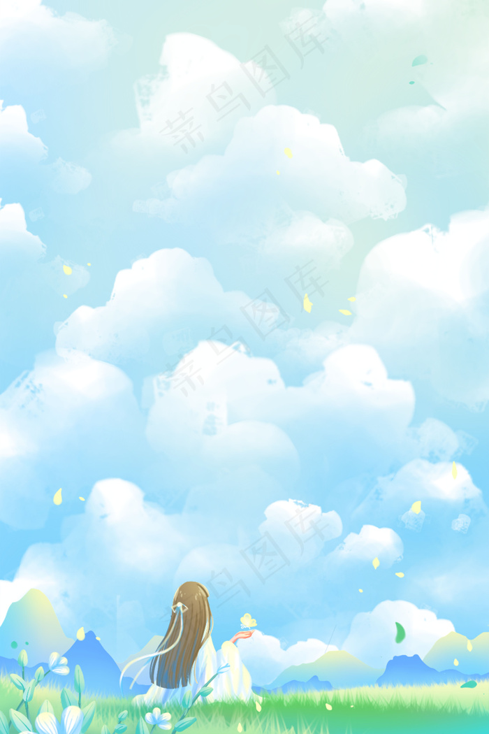 蓝色唯美卡通治愈小清新天空风景赏景配图