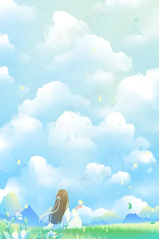 蓝色唯美卡通治愈小清新天空风景赏景配图