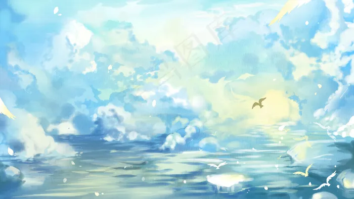 蓝色唯美卡通治愈云层海面广阔油画质感配图(2880*1620px 300 dpi )