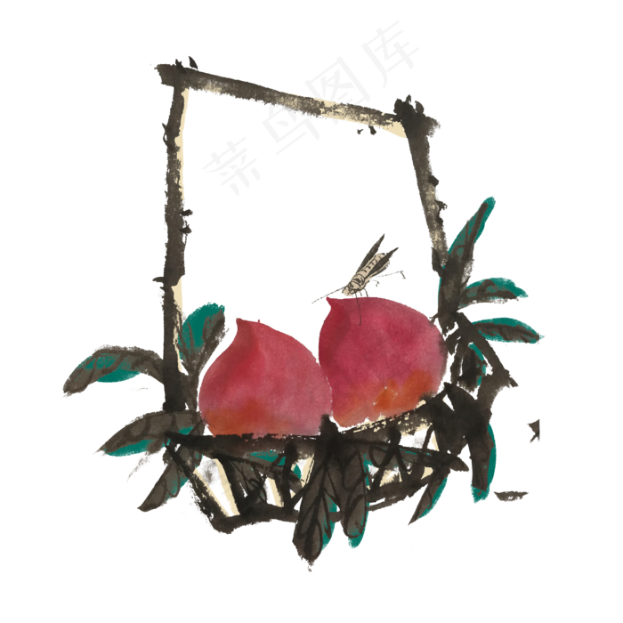 夏季水墨风水蜜桃手绘插画